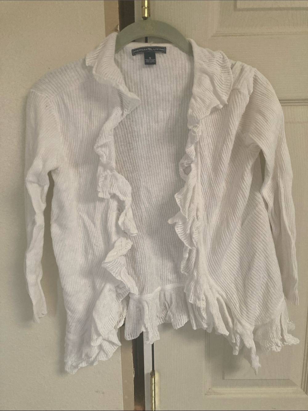 American Living White Ruffle-Trim Open-Front Cardigan
